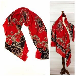 Red Large Wool Square Scarf Made in Italy Black Silver Paisley Print 45x45"